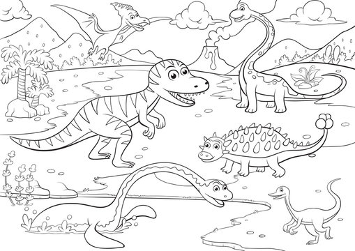 illustration of cute dinosaurs cartoon for coloring