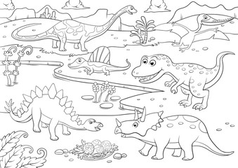 illustration of cute dinosaurs cartoon for coloring