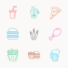 Hamburger, pizza and soft drink icons. Beer.