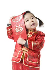 Young girl holding Chinese New Year red envelop