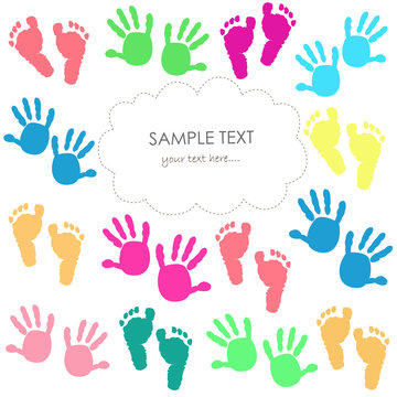 Baby foot print and hands kids colorful greeting card vector.