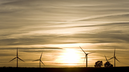 Silhouettes of wind turbines on sunset sky background