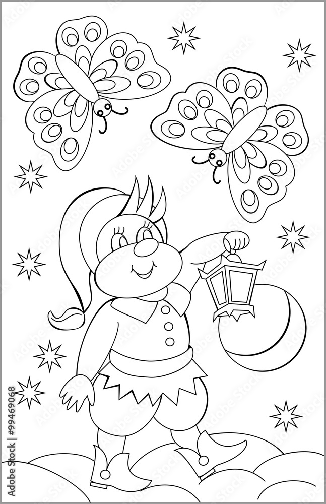 Poster page with black and white drawing of dwarf for coloring. developing children skills for drawing. vec