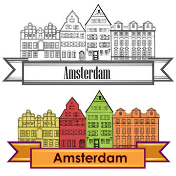 Amsterdam canal houses. Netherlands symbol. Travel Europe icon.