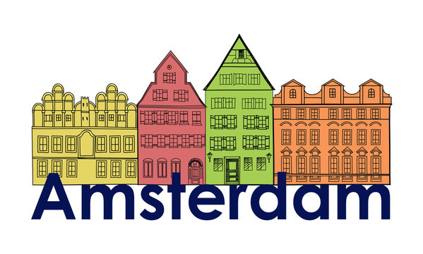 Amsterdam street line buildings label. Canal houses. Netherlands symbol. Travel Europe icon.