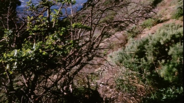 Man horseback riding through mountains by the sea