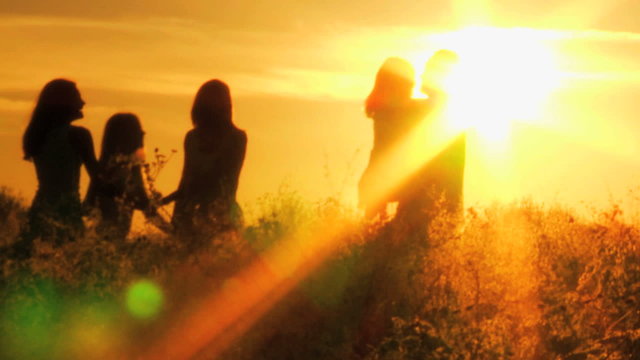 Caucasian Parents Three Young Daughters Girls Playing Together Outdoors Sunset