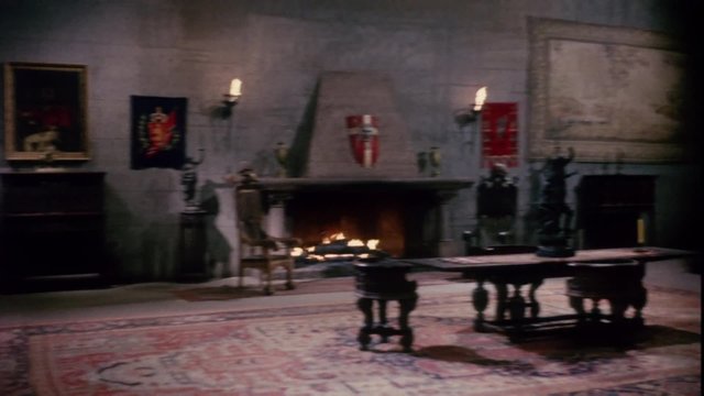 Panning shot of castle interior, 1960s