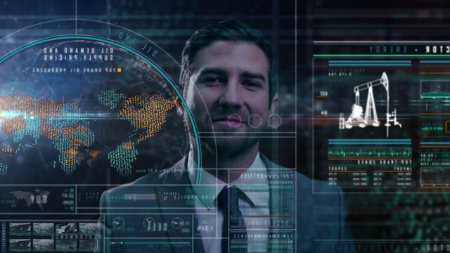 Caucasian American business male oil technology trade online touch screen shares