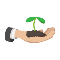 Hand holding young plant cartoon icon