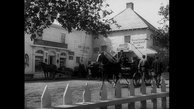 Wide shot of horse and buggy riding through town