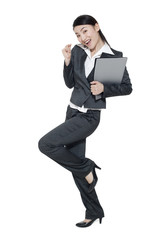 A dancing businesswoman holding a file folder