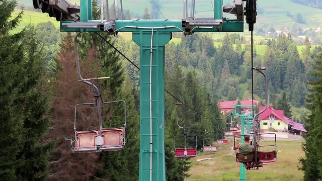 Chair lift in Pylypets village, Carpathian Mountains, Ukraine