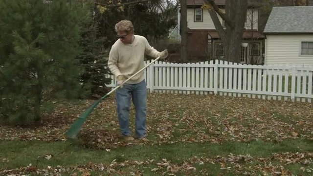 Teenager in jeans and sweater, raking up autumn leaves in suburban garden.  Wide view with camera mounted on jib, moves up during action.  Originally recorded in 4K, UHD.