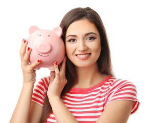 Woman with pig money box and banknotes isolated on white