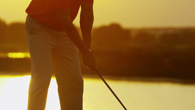 Caucasian Male Golfer Play Physical Golf Resort Global Success Target Sunrise