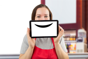 Naklejka premium waitress with a virtual smile at the coffee shop
