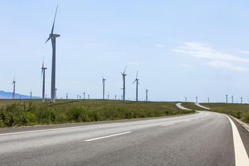 Road and wind driven generators, Qinghai Province
