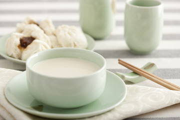 Chinese food soybean milk and cantonese barbecued pork buns