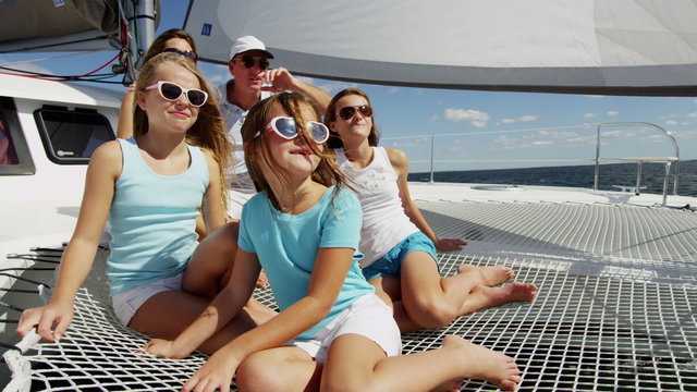 Young Caucasian Sisters Holiday Parents Group Tourism Yacht Sailing 