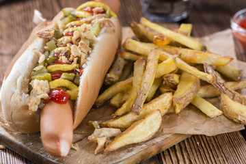 Fresh made Hot Dog with fried onions and cucumbers