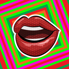 Pop art style.  Lips on abstract background. Vector illustration