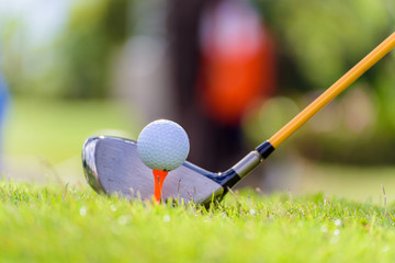 Golf club and ball in grass
