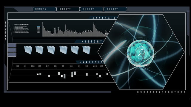 Motion graphic showing period elements and atom on futuristic table technology