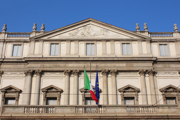 MILAN, ITALY - DECEMBER 2015: The Scala theatre, Scala square, view Detail of the front