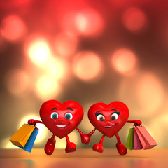 3d render of a happy hearts holding hands while walking with shopping bags