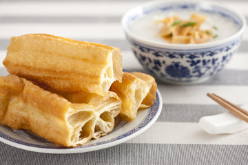 Chinese food rice porridge and youtiao