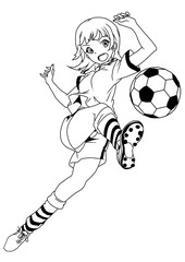 football soccer player girl score a goal,illustration,logo,ink,black and white,outline,isolated on a white