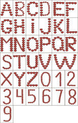 vector full English alphabet and numbers of  heart symbol