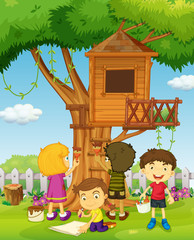 Children painting treehouse in the park