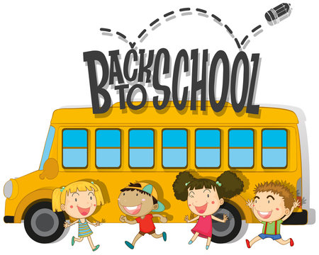 Back to school with children and schoolbus