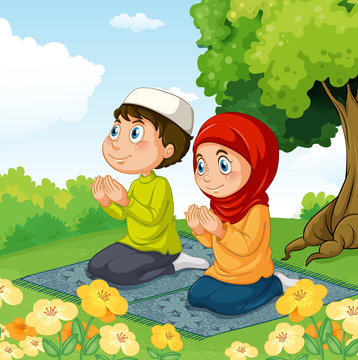 Muslim couple praying in the park