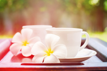 Two white cups with beverage and Plumeria. Resort theme