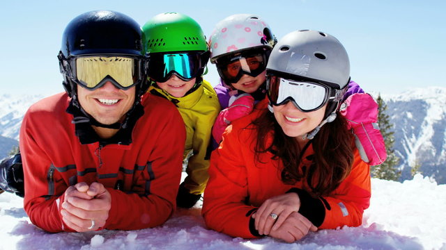 portrait snow outdoor active Caucasian family travel promotion winter vacation