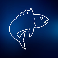 Fish icon. Fish jump sign. Fishing symbol. Thin line icon on blue background. Vector illustration.