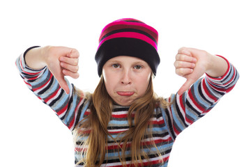 Beautiful girl in colored striped hat and sweater.