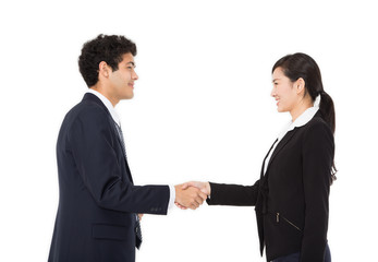 Businessman and businesswoman handshaking.
