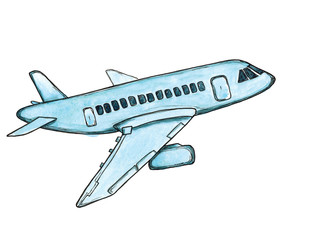 Watercolor cartoon sketch blue airplane isolated
