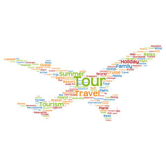 Vector conceptual travel or tourism plane word cloud