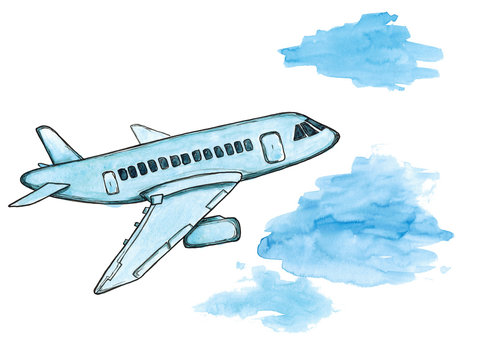 Watercolor cartoon sketch blue airplane in clouds art
