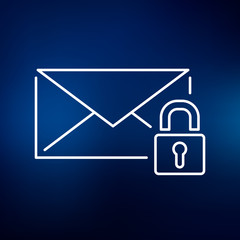 Secure SSL email icon. Protected email with padlock sign. Encrypted email symbol. Thin line icon on blue background. Vector illustration.