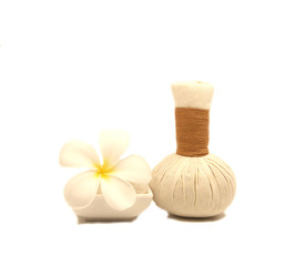 Fototapeta na wymiar Spa massage compress balls, herbal ball on white, Thailand 