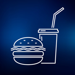 Hamburger and softdrink takeout icon. Cheeseburger and soda takeaway sign. Burger and cooldrink fastfood symbol. Thin line icon on blue background. Vector illustration.