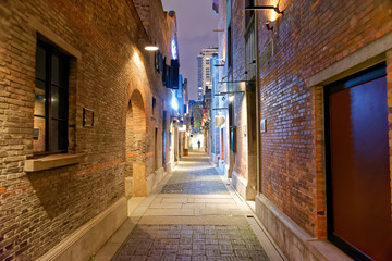 Fototapeta na wymiar Empty street in the nigh with brick walls and warm light