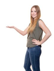 Young woman pointing to the side