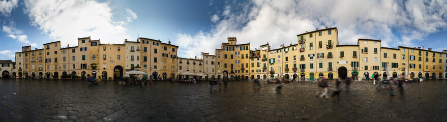 Lucca, Piazza Anfiteatro. Panoramic view of ancient medieval houses in Anfiteatro square, Lucca Tuscany